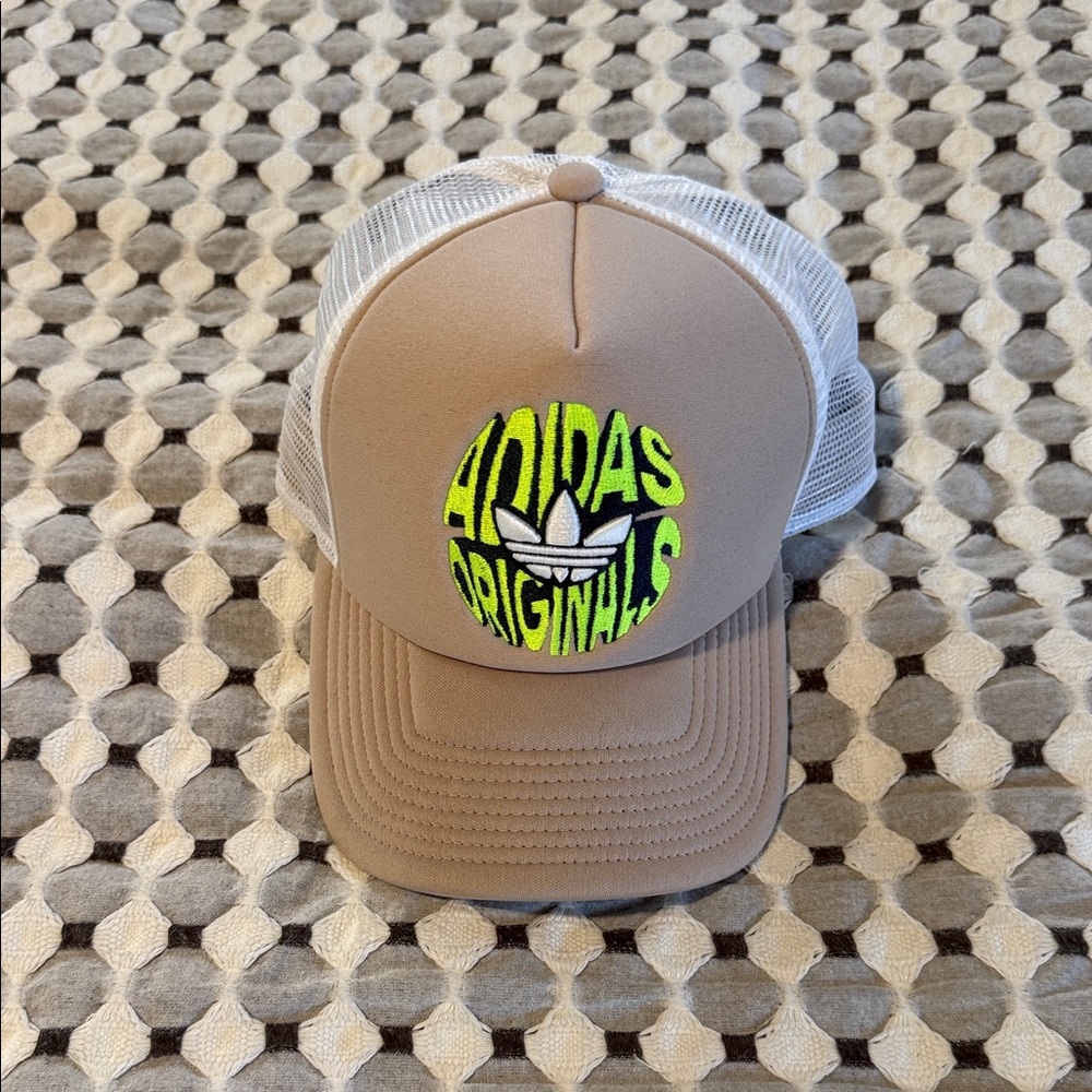 adidas Originals Beige Trucker Hat with Neon Yellow Logo
